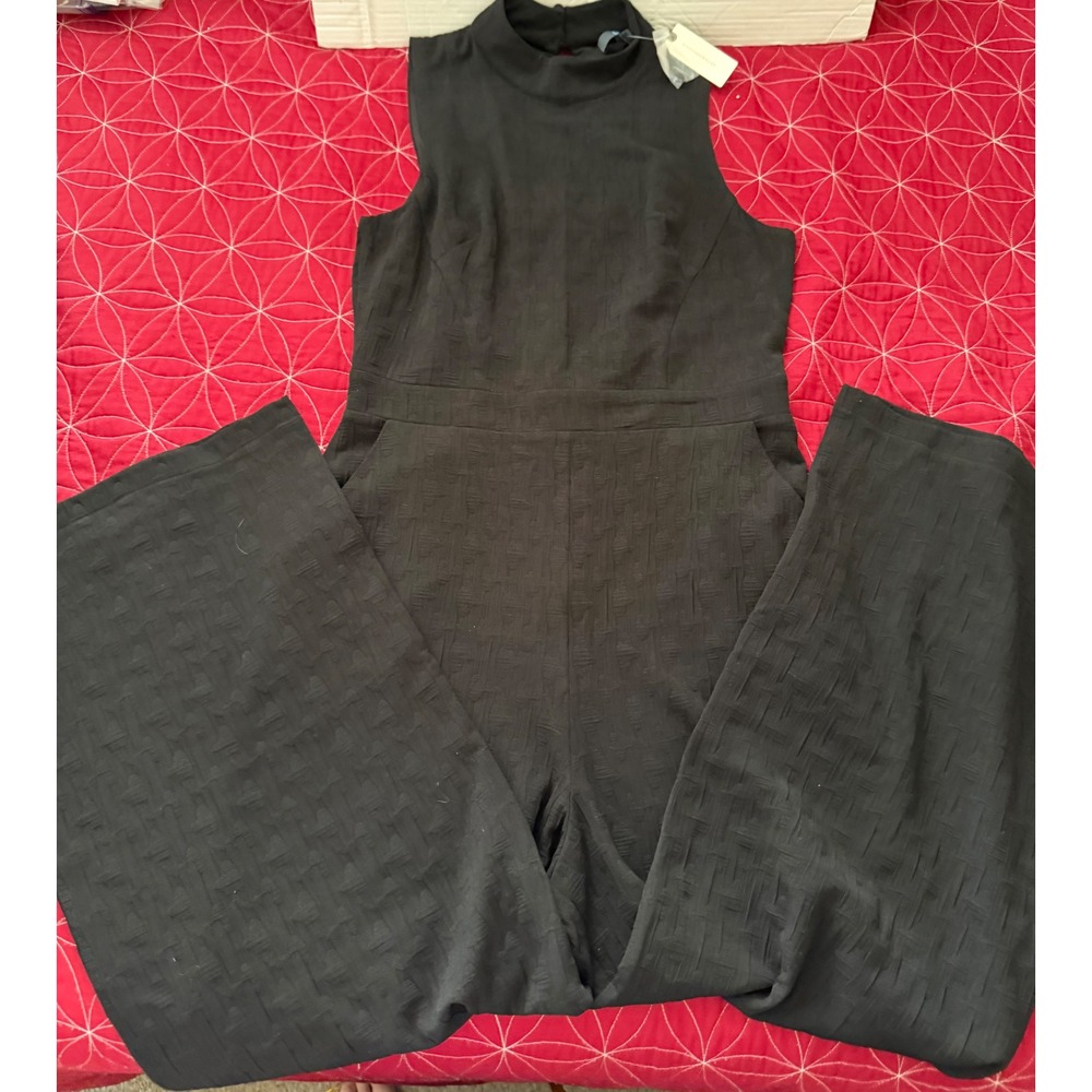 Eva Franco Anthropologie Black Textured Mock Neck Wide Leg Jumpsuit Size M NWT
